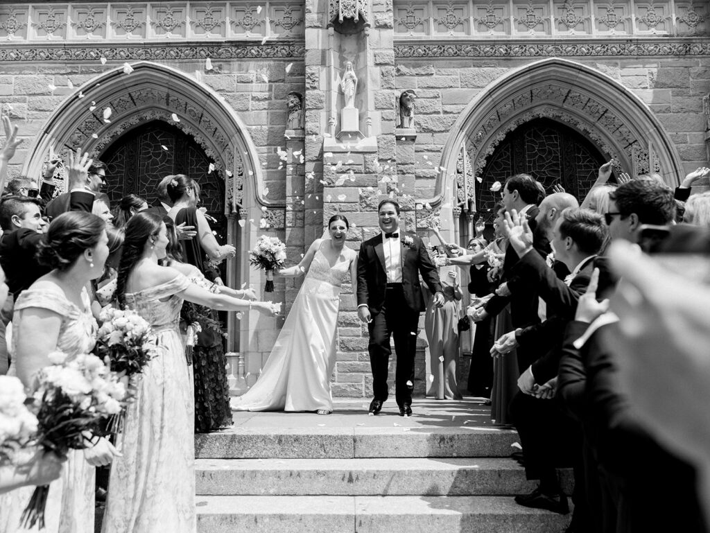 bride and groom exiting church of the resurrection, rye ny