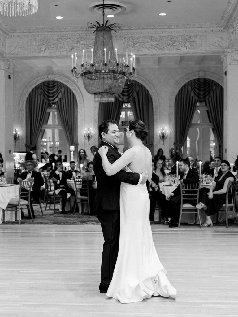 bride and groom dancing at wedding reception at Westchester Country Club