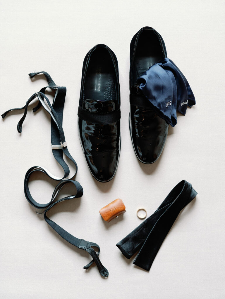 groom accessories: shoes, cuff links, bow tie, suspenders